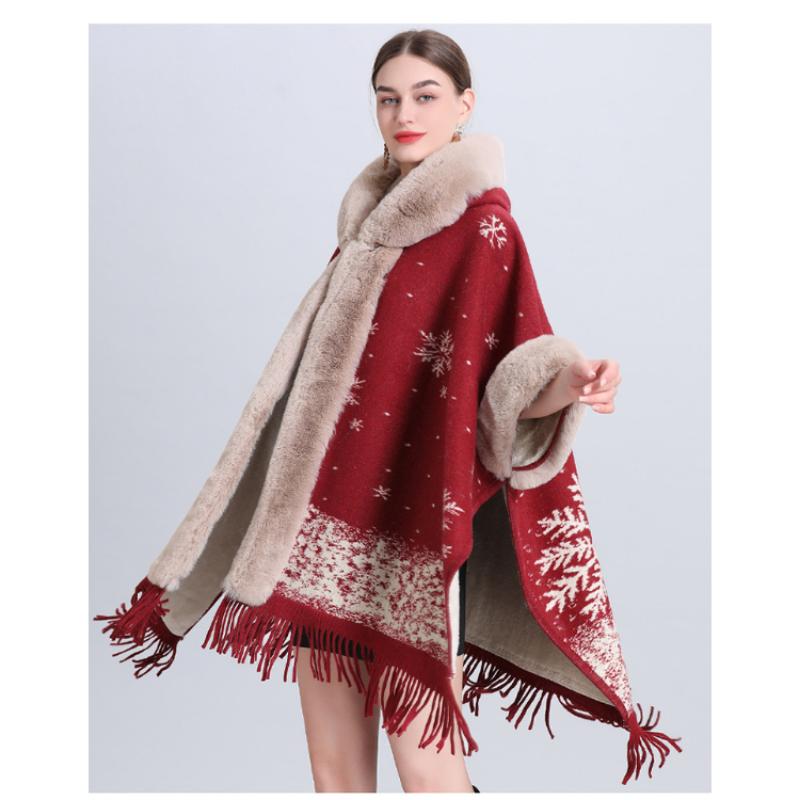 Zimowa damska szalowa kurtka peleryna luźna krata wyściełana zagęszczony futrzany kołnierz dzianinowy tweedowy szal kurtka siedmiopunktowy rękaw z czapką