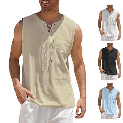 Cotton Linen Shirts Men's Casual Sleeveless Vest Lace Up Shirts Retro V Neck Tank Tops Loose Shirt Male Solid Color Clothes