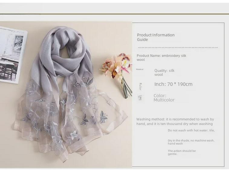 Luxuriöser handbestickter Seidenwollschal/Schal für Damen