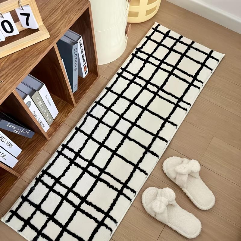 Irregular Plush Grid Runner Rug Non Slip Soft Long Bedside Floor Mat Minimalist Black White Bedroom Home Decor Carpet