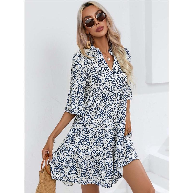 Frühlings- und Sommer-Freizeit-Midirock Mode bedrucktes Urlaubs-Kleid