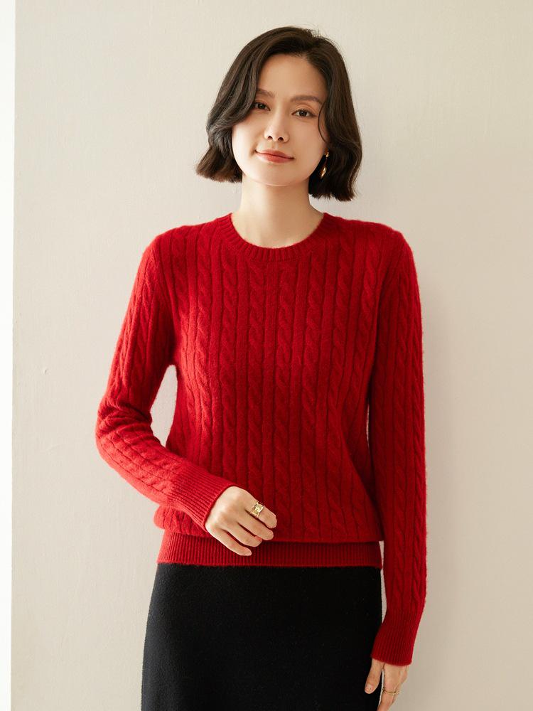 Women's Retro Cable Knit Cashmere Pullover Sweater, Round Neck, Slim-Fit, Autumn/Winter 2024 Collection