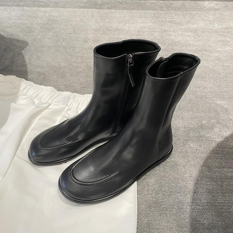 Echtes Leder Damen Stiefeletten Seitlicher Reißverschluss Vintage Britisch Flacher Absatz Schmale Passform Kurze Stiefel Herbst Winter Tägliche Streetwear