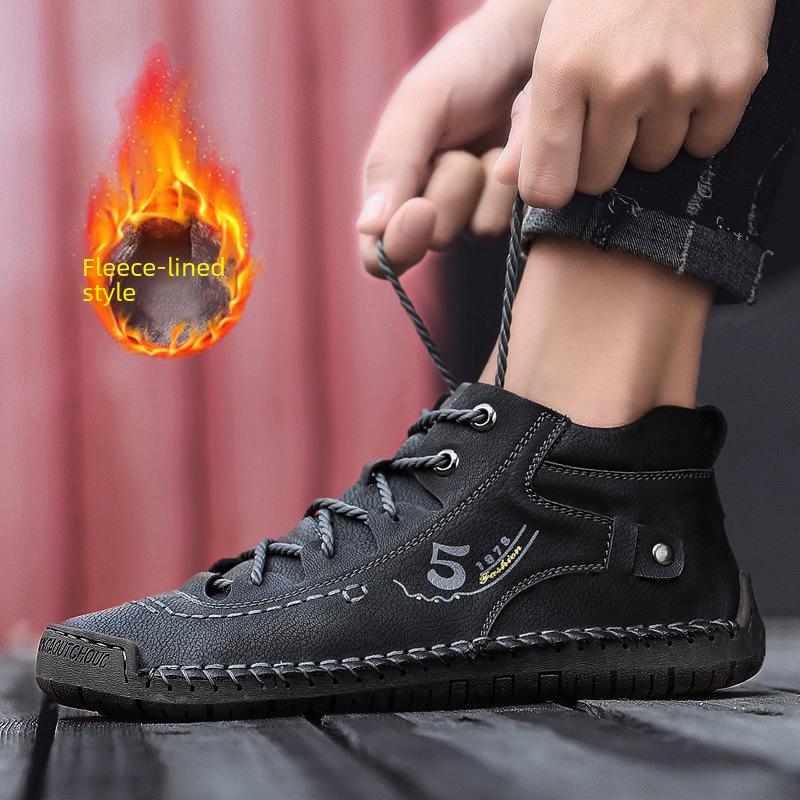 Herren-High-Top-Martin-Stiefel mit Reißverschluss an der Spitze und Samtfutter – handgenähte Kurzstiefel für den Outdoor-Einsatz in großen Größen.