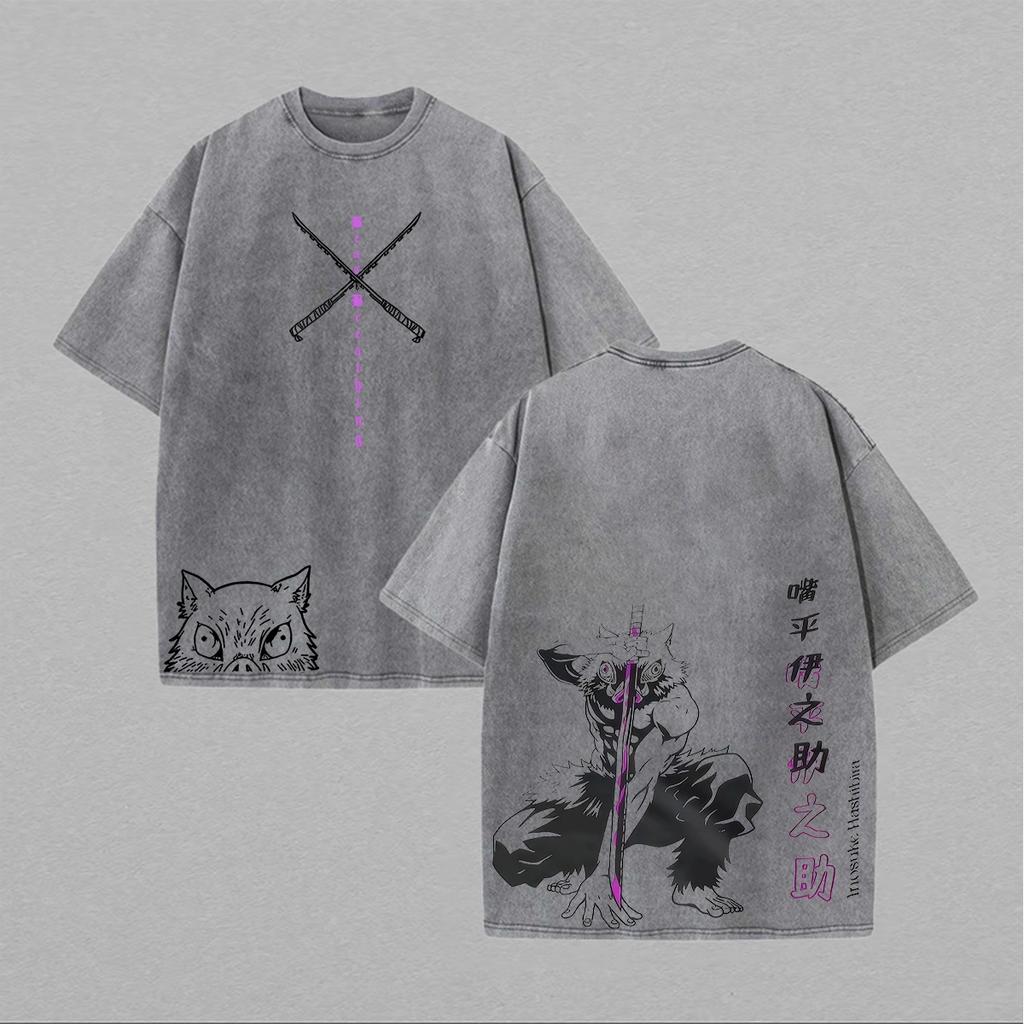 Inosuke Demon Slayer Graphic T-shirt Japanese Manga Washed Cotton T Shirt Men Women Clothing Casual Oversized Short Sleeve Tees
