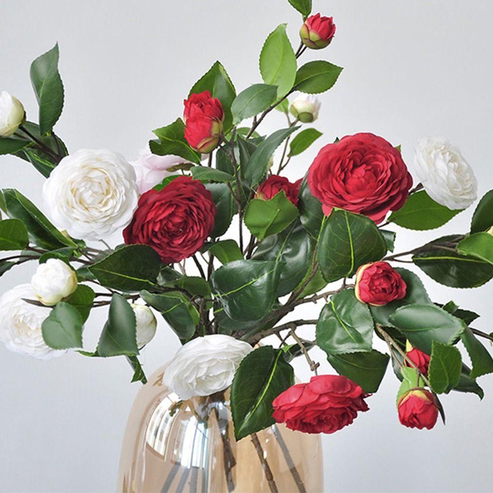 Multicolor Camellia Artificial Flower Silk Petal Photo Props Simulation Flower Green Leavees Floral Arrangement Wedding Supplies