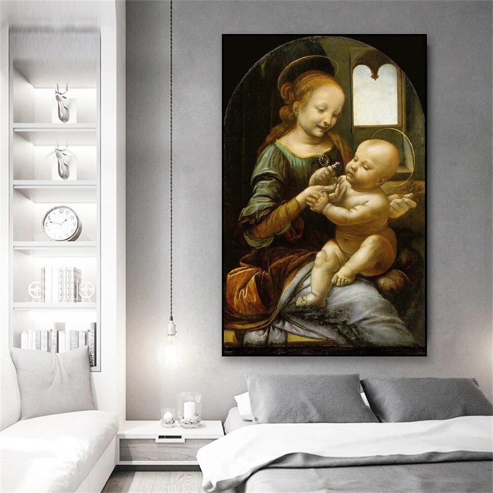 Classical Madonna of the Carnation Prints Poster Leonardo da Vinci Art Print Canvas Painting Woman Wall Decor Vintage Art Decor