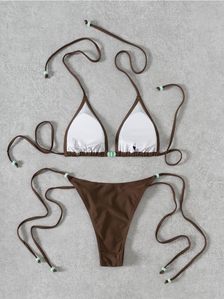 Solid Beaded Tie Side Sexy Two Piece Bikini Swimsuit Comfortable Elegant For Vacation