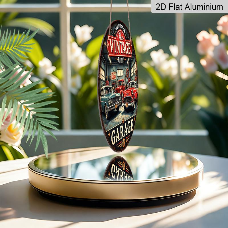 2D Flat, 1pc Vintage Aluminum Round Wall Plaque - Retro Garage Metal Sign with Classic Cars & Tools Design, Americana Decor for Bars, Cafes