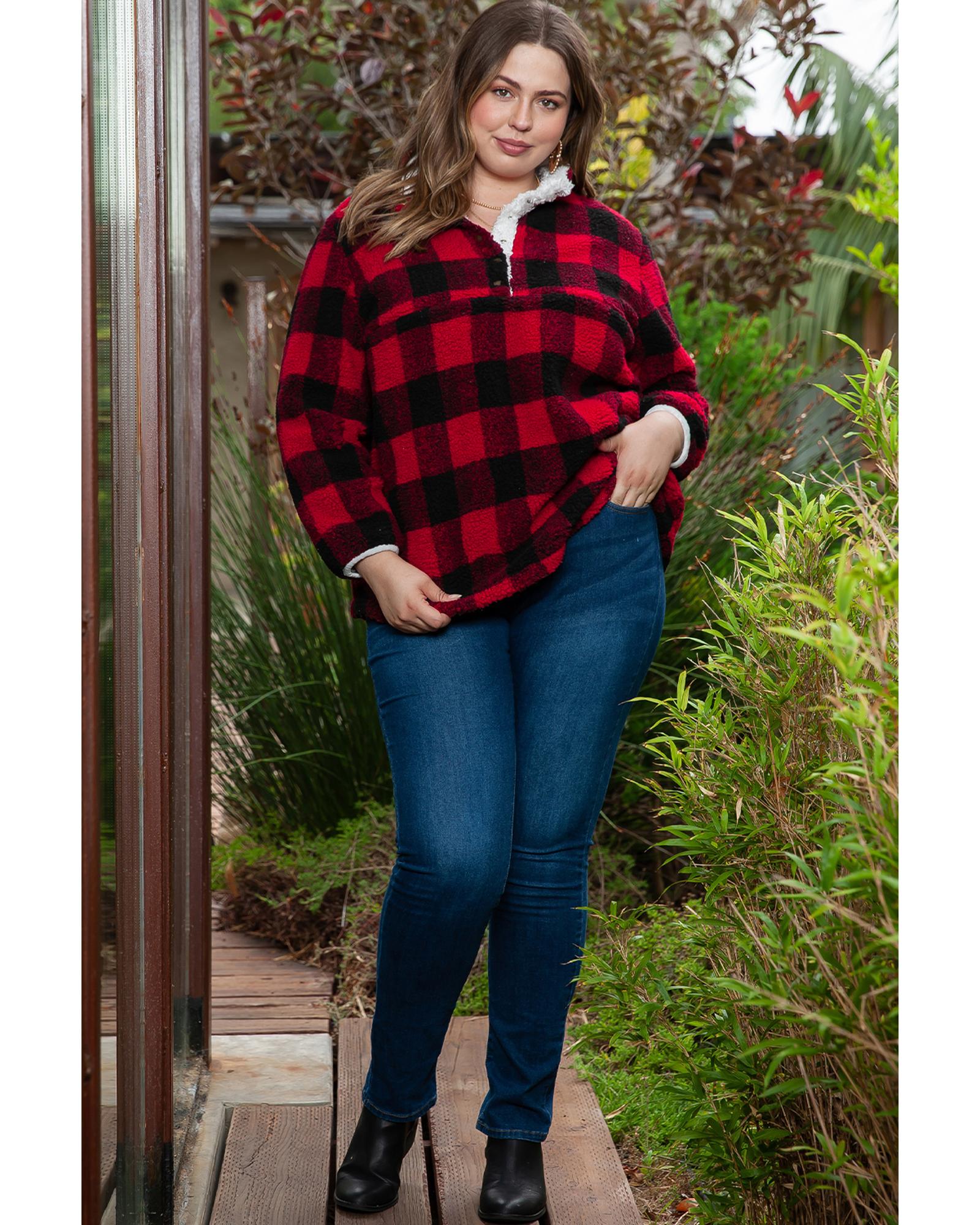 

Azura Exchange Red Plus Size Buffalo Plaid Sherpa Henley Sweatshirt 3X красный