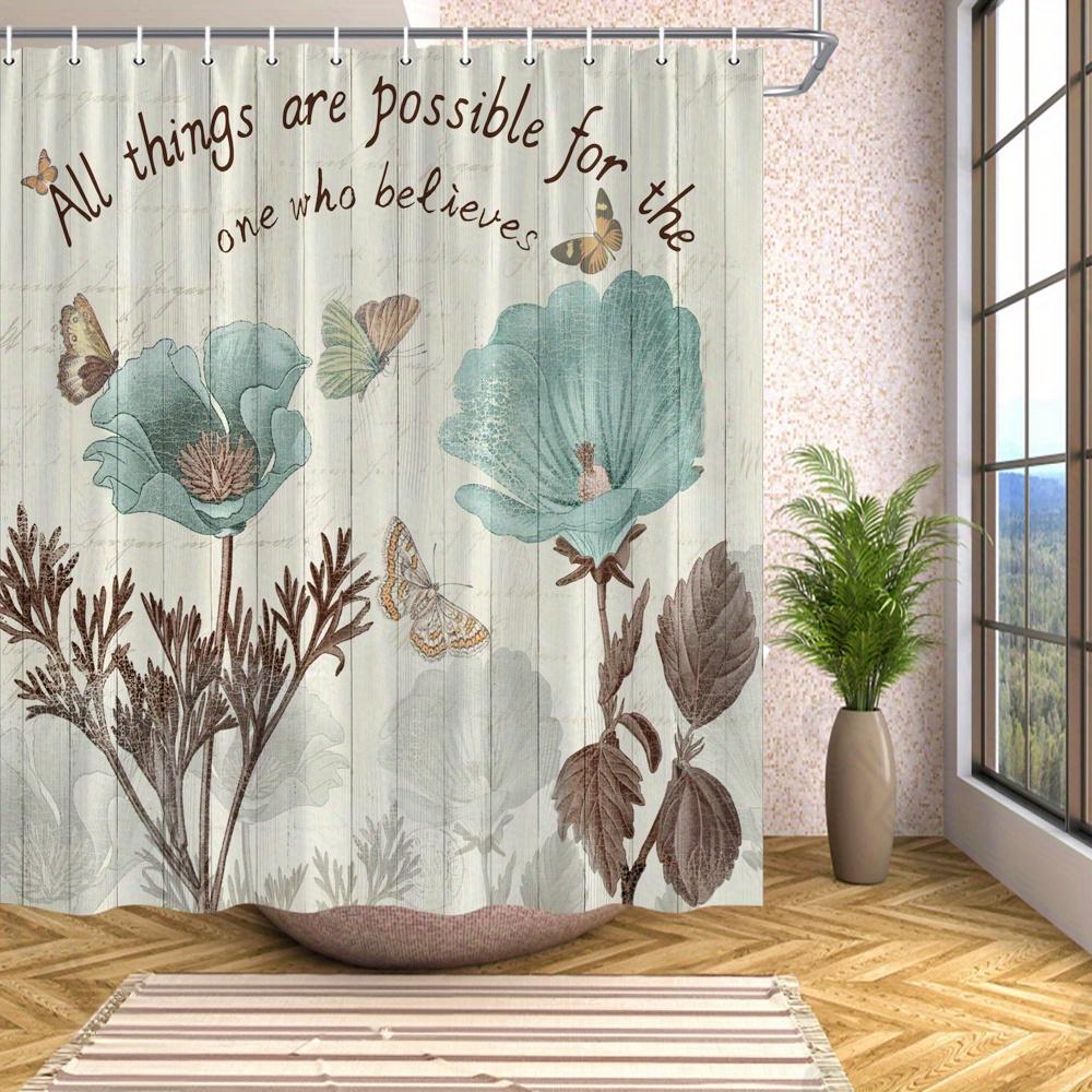 1pc Vintage Teal Poppy & Butterfly Curtain, Birds & Quote, Polyester, 70x70 Inch, 12 Hooks, Nature-Inspired Bath Accessory