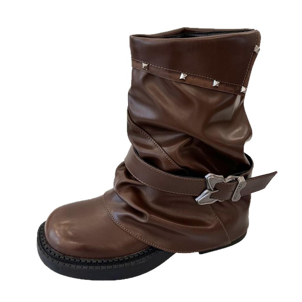 Boots short tube Spice Girl pleated stacked pants tube women's boots personalized rivets new thick heel large tube circumference locomotive boots