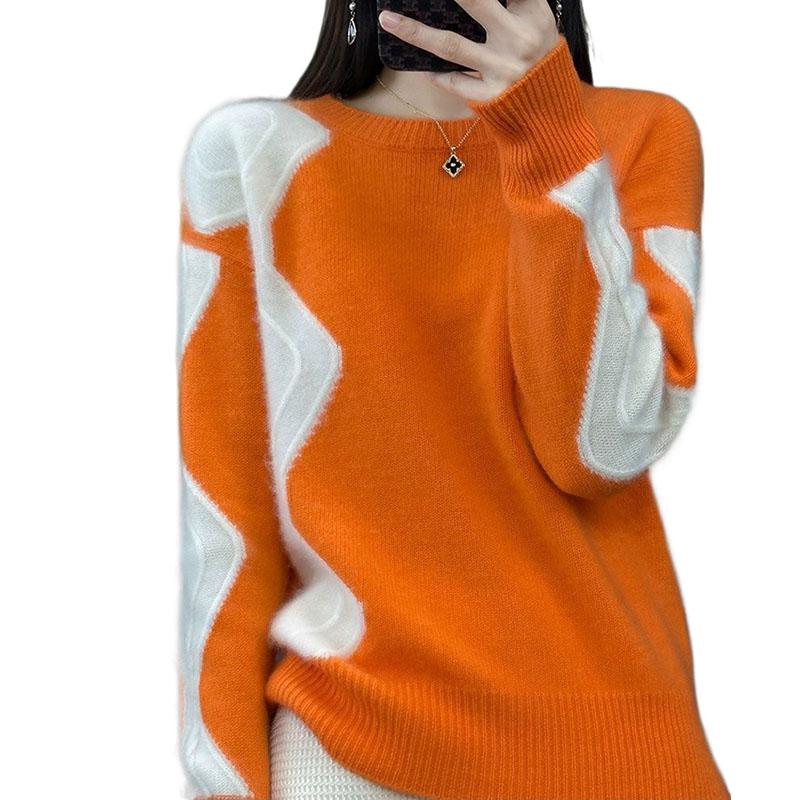 Autumn Winter Women's Crew Neck Wool Sweater Color-block Loose Thick Pullover Knitted Wool Sweater