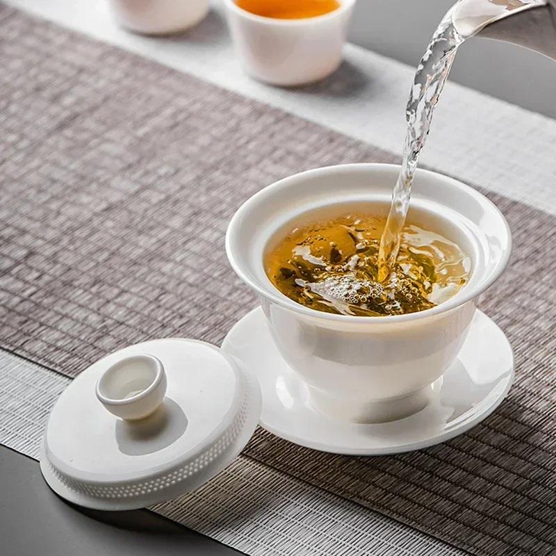 Sheep Fat JadeWhite Porcelain Gaiwan Filtered Tea Bowl Anti Scalding Design ChineseGongfu Tea Set Handmade Ceramic Tea Ware Gift