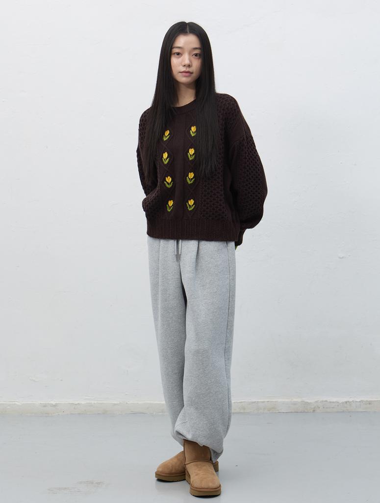 GENERALIDEA Flower Cable Knit Pullover [Brown] / Wbe4L05545