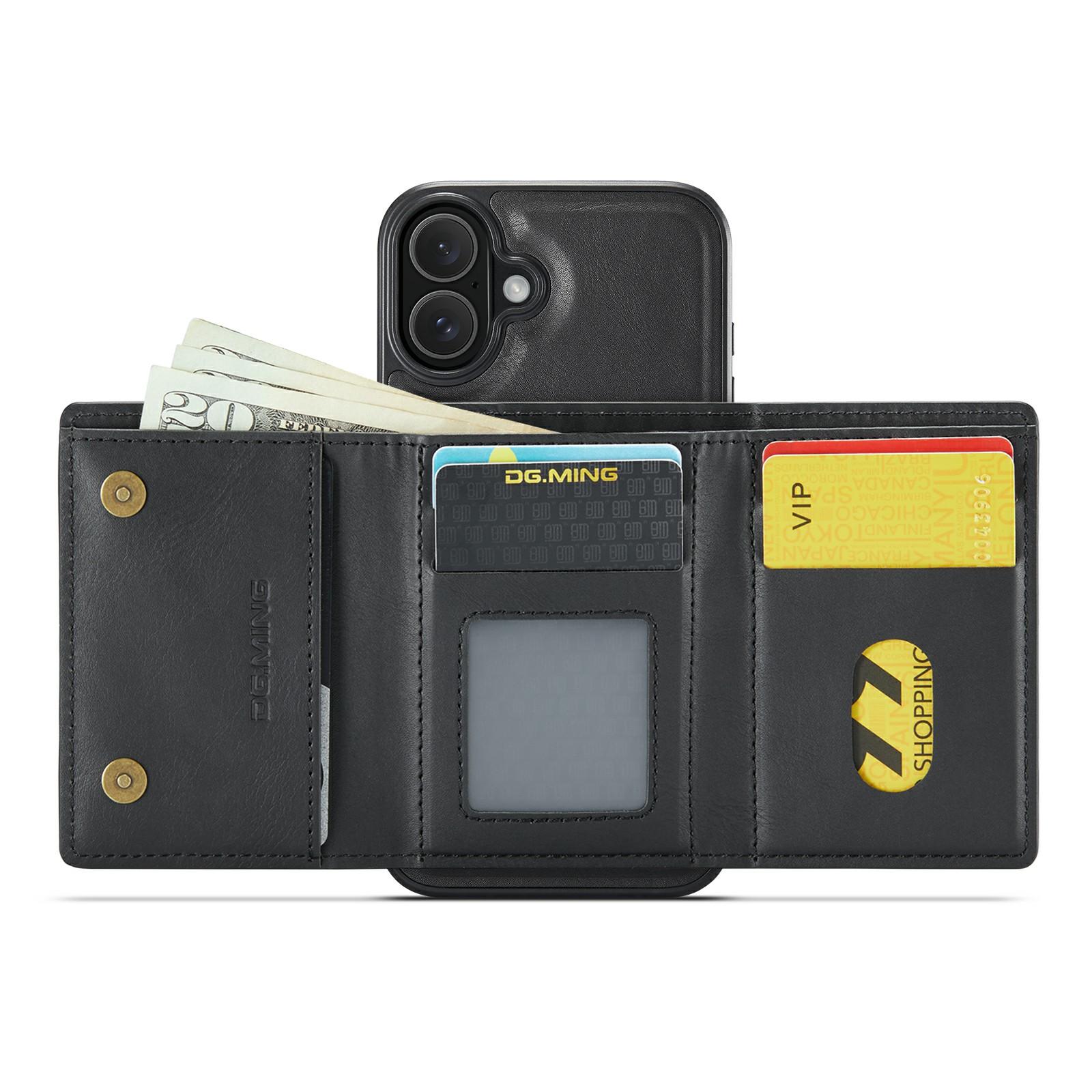 

DG.MING M6 Series For iPhone 16 Case Magnetic Wallet PU+PC+TPU Phone Cover Black