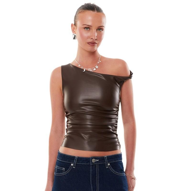 

Топ-футболка без рукавов из кожи, Летняя мода, Однотонный, Дизайн с перекручиванием на одно плечо, Жилет с облегающей талией XL коричневый