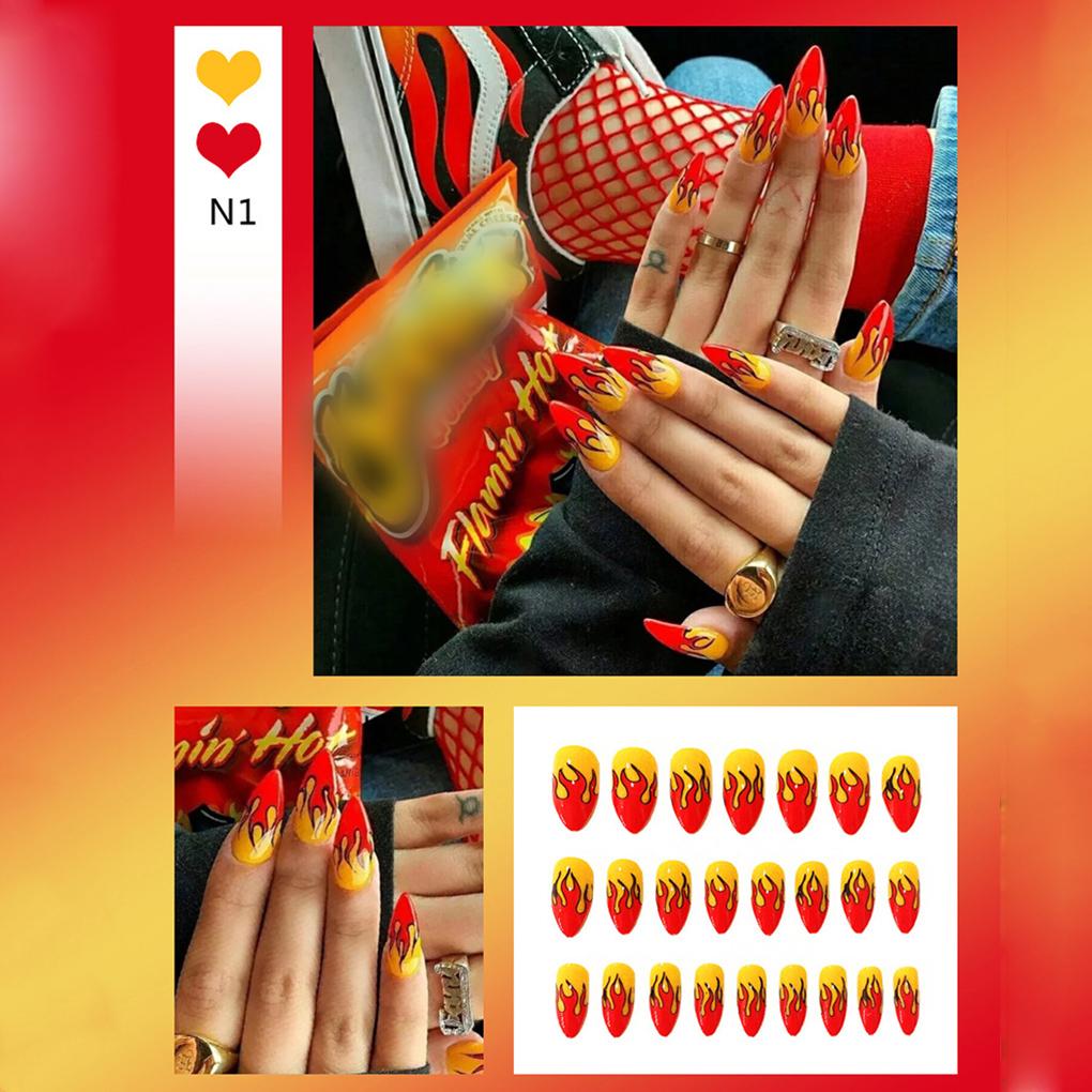 24 Pcs Fake Nails Flame Pattern Acrylic False Nails Set with Glue Women