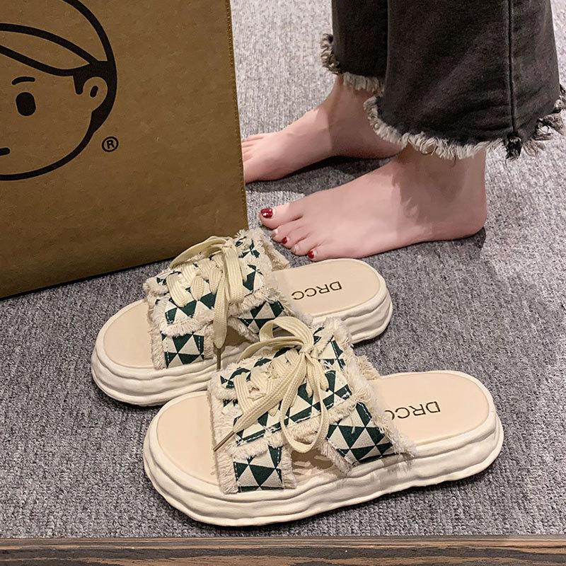 

Fashion versatile thick-bottomed non-slip casual cool slippers women s new summer 2025 outer wear small fragrant style lace-up slippers 40 зелёный