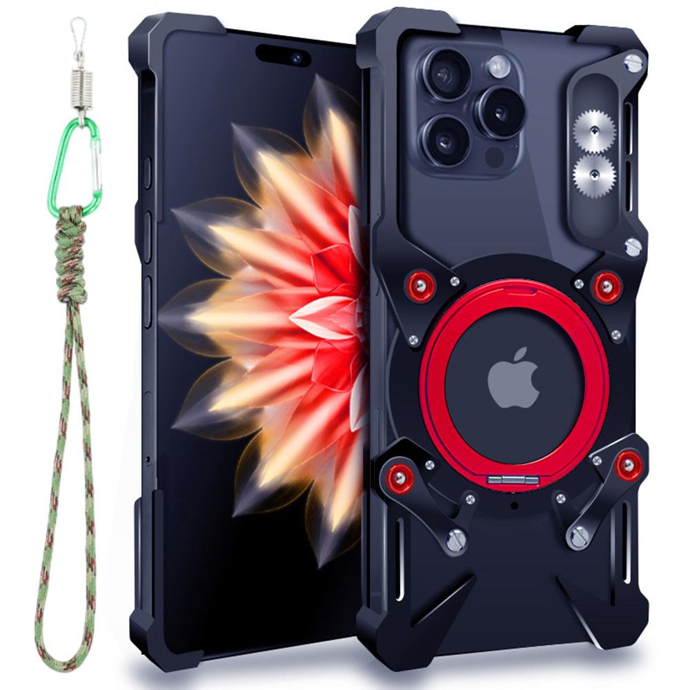 For iPhone 16 Pro Bumper Case Kickstand Aluminum Alloy Magnetic Phone Cover with Wrist Strap