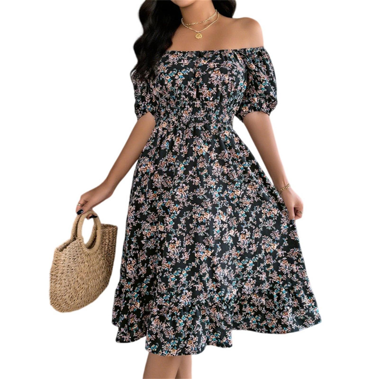 

Women s Fashion Floral Print Square Neck Short Sleeve Waisted Ruffled A-Line Skirt L чорний