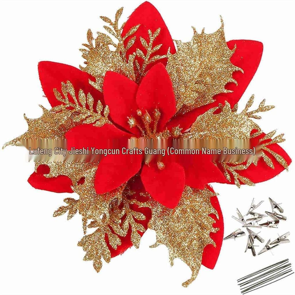 14CM Gold Glitter Christmas Flower Ornament for Tree & Wreath Decoration