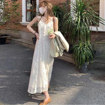 Spring 2025 White Lace Embroidered Spaghetti Strap Maxi Dress - Elegant Gathered Waist for Women
