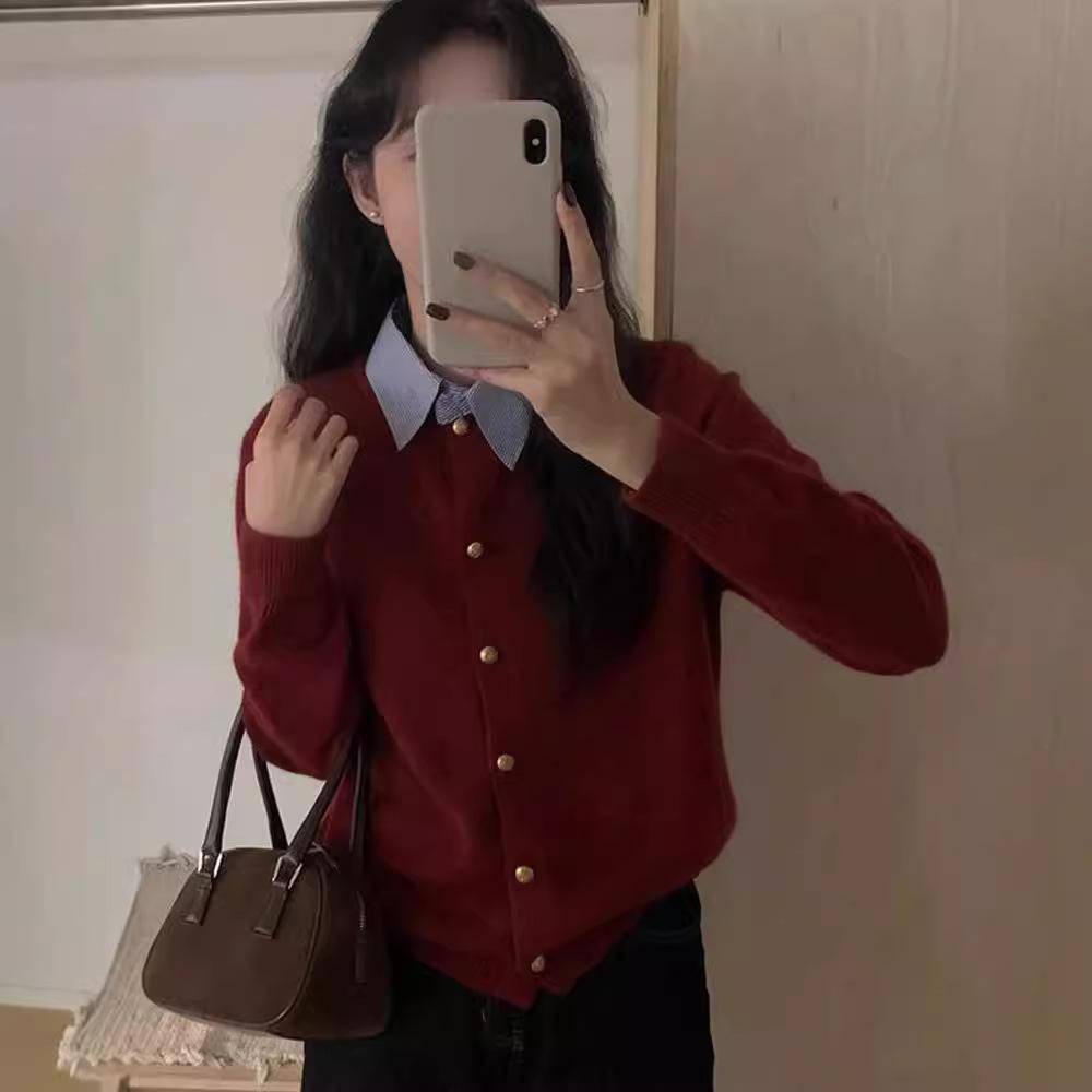 Korean version of gentle wind and thin temperament sweater jacket women's autumn and winter design shirt collar splicing knitted cardigan women