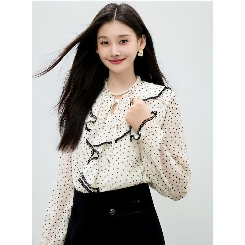 Women s Ruffle Polka Dot V-Neck Chiffon Blouse S