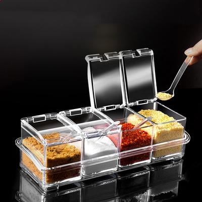4Pcs Transparent Spice Jar Set with Spoons and Lids – Condiment Storage Rack for Kitchen Seasoning