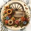 Vintage Sunflower Floral Wagon Wheel Welcome Round Metal Sign Rustic Farmhouse Tin Plate Wall Decor for Front Porch Home Decorat