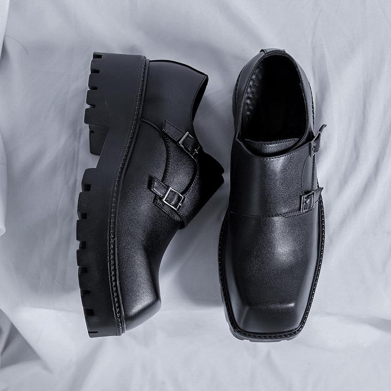 Solid-Color Men's Casual Shoes Classic Square - Toed Buckle Design Height -Increasing Shoe Thick-Soled Anti-Slip Business Shoes