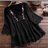 Summer Elegant Holiday Blouse Women Casual Loose Top Cotton Linen Stitching Lace Flower V Neck Solid Tops Shirt
