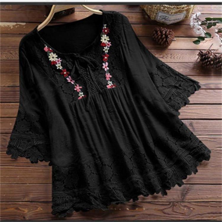 Summer Elegant Holiday Blouse Women Casual Loose Top Cotton Linen Stitching Lace Flower V Neck Solid Tops Shirt