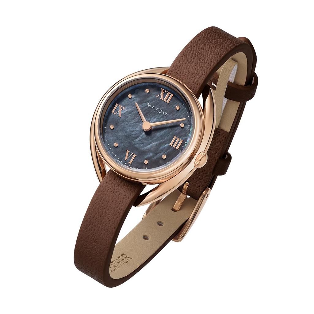 Authorized Dealer MATOW Watch with Leather Strap Indigo Round Rose Gold AKI Akilea [MATOW] Solar-Powered Women's (mw001011brwss) [Shiki Charcoal]