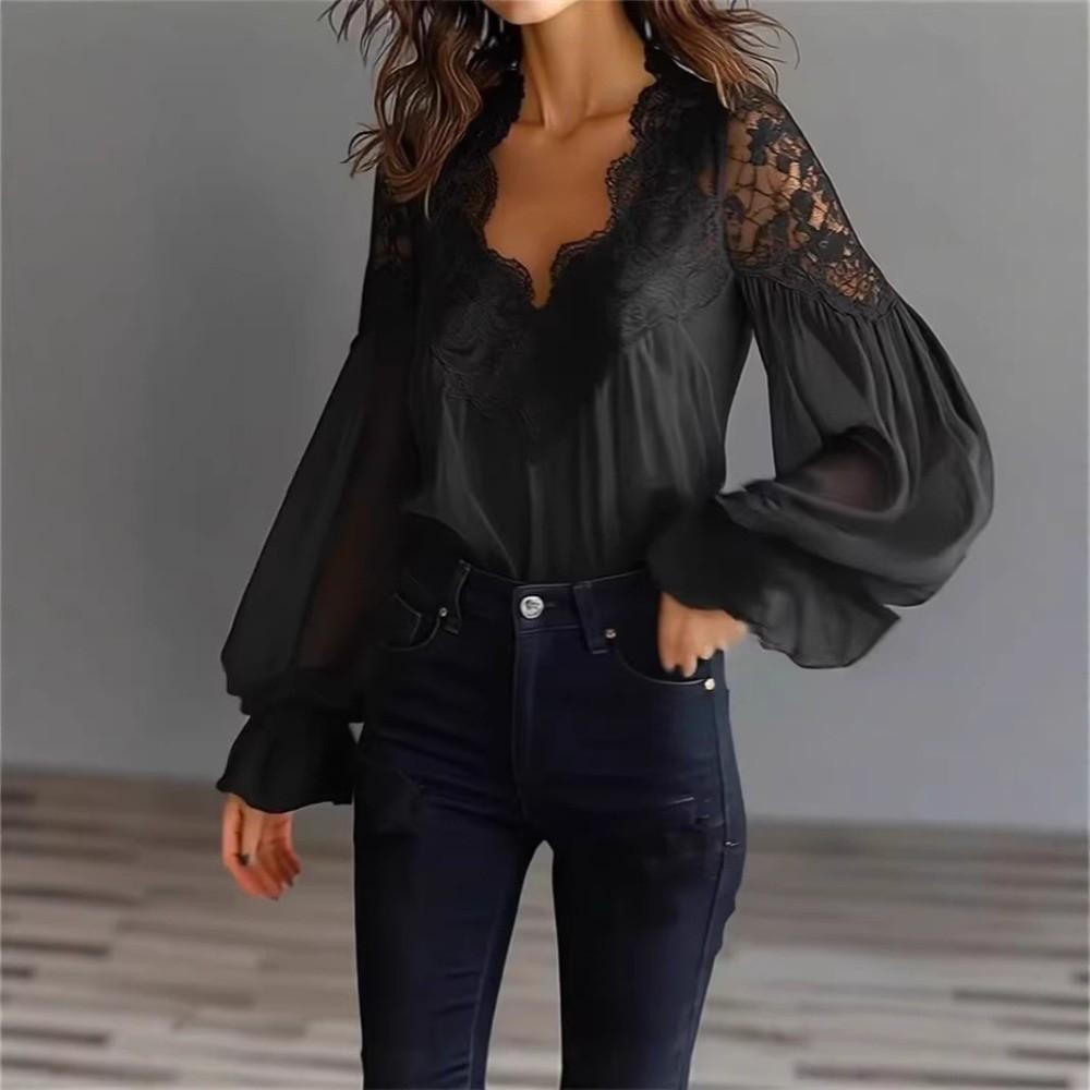 Solid Color Lace Splicing Tops Shirt Lantern Sleeves Blouse Fashion V Neck Sheath Tees  Daily Wear