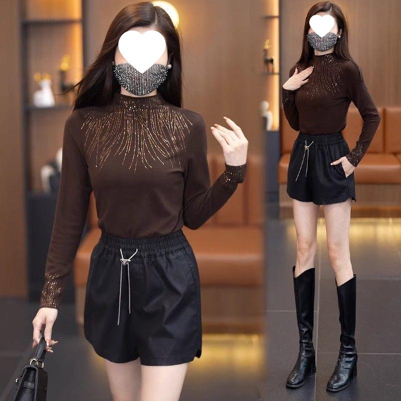 

Autumn/Winter High Neck Rhinestone Base Layer Top - Plus Size, Tummy Concealing, Age-Reducing, Stylish Mom s Top 3XL коричневий