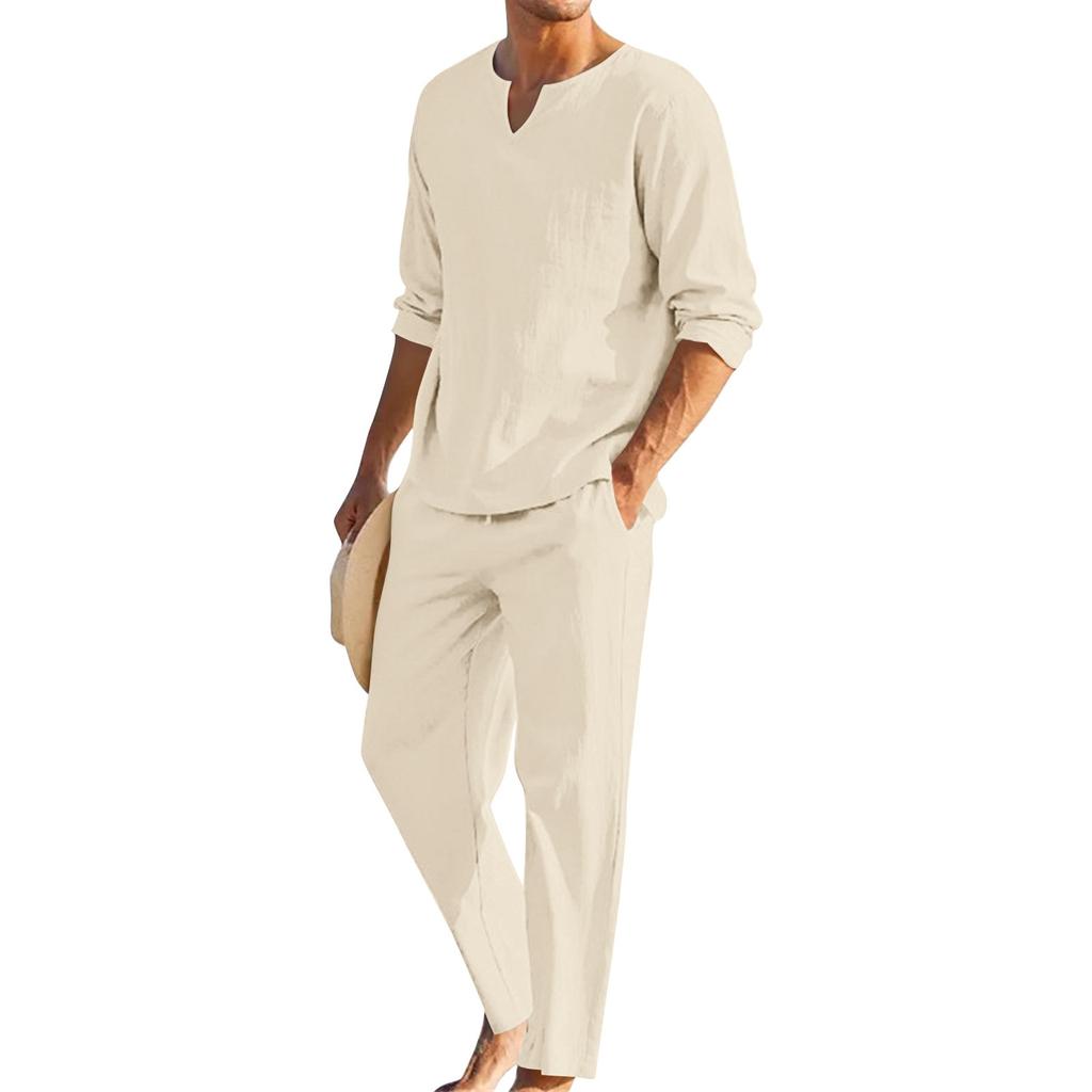 Men's Summer Cotton Linen Color Loose V-Neck Long-Sleeved Top Trousers Suit