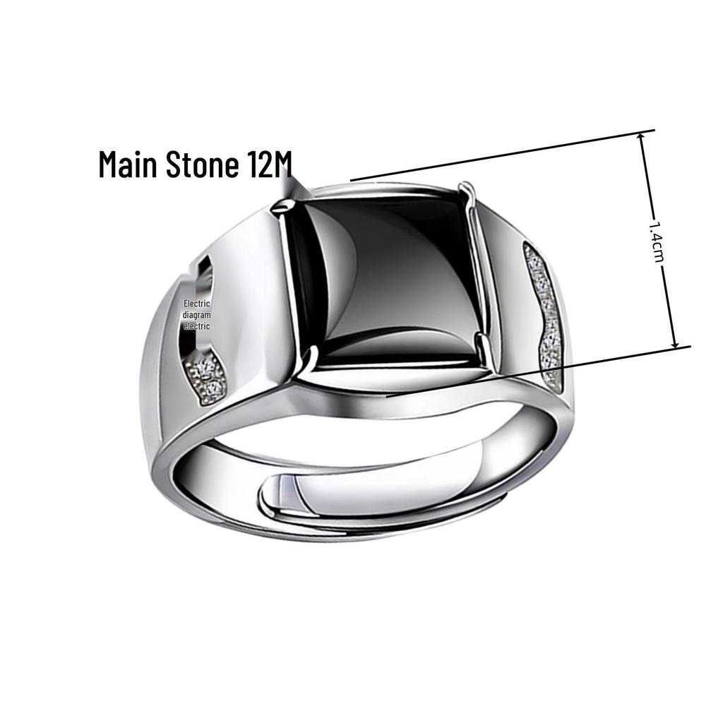 Men's Adjustable Black Agate Square Ring with Black Diamond - Korean Style and Smooth Finish