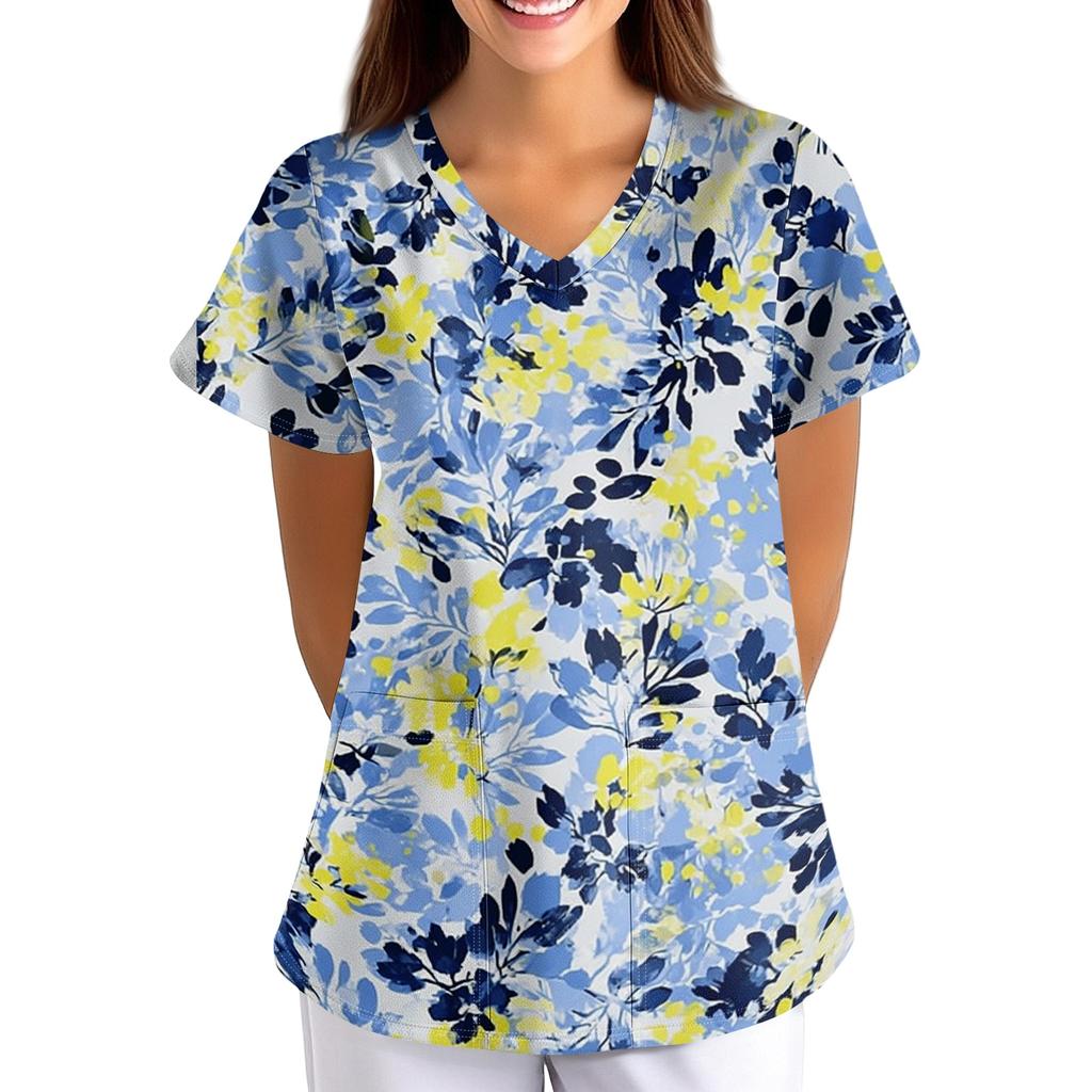 Women Short Sleeve V Neck T Shirt Floral Print Casual Loose Fit Lightweight Blouse for Everyday Wear and Activities