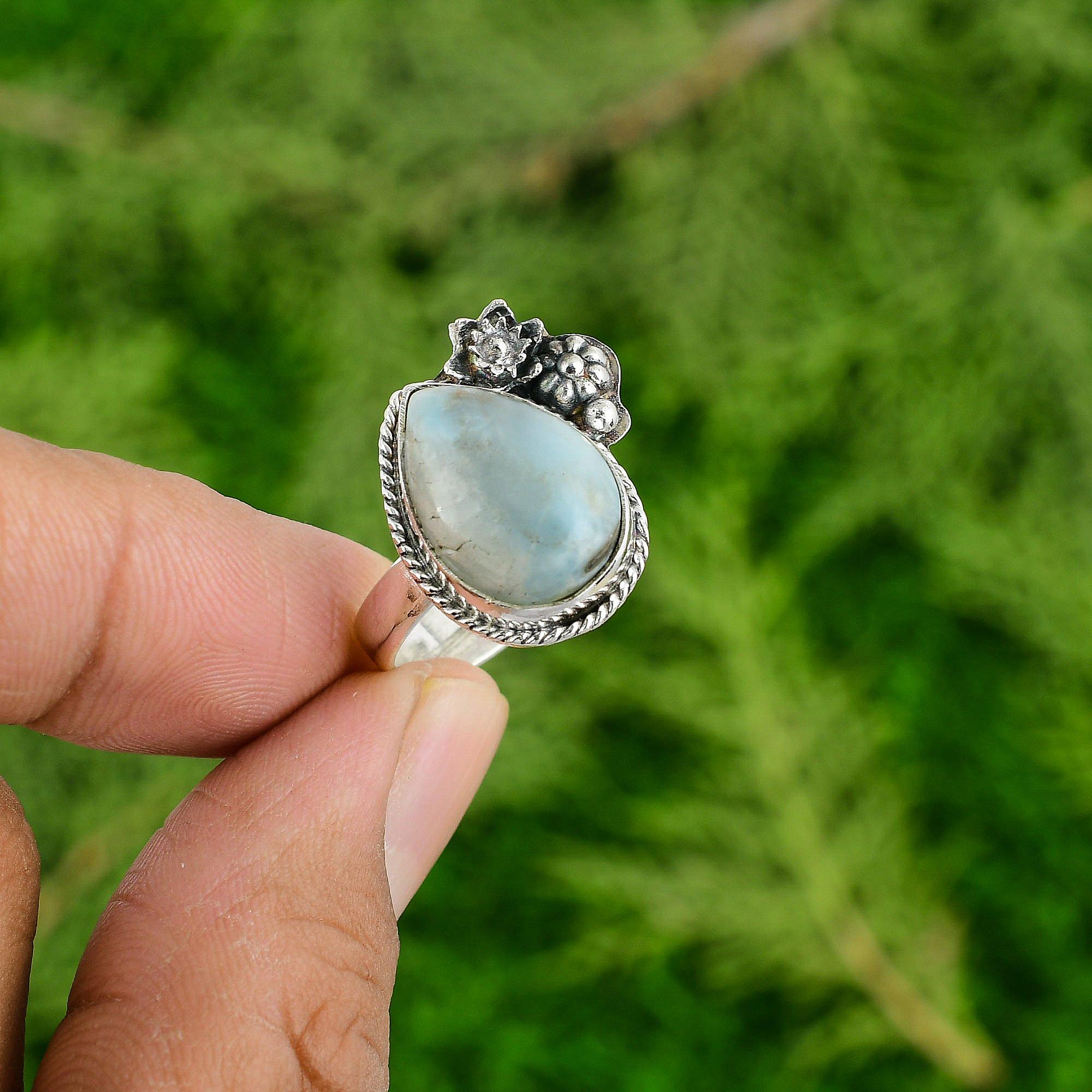 

Larimar Stone 925 Sterling Silver Mother Boho Stackable New Flower Artisan Ring Adjustable