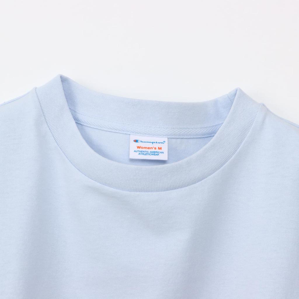 Champion Short Sleeve Crew Neck Cotton USA Relax Script Garment Pale Sax Women's Shirt, 100% Fit, Logo, Wash, (CW-B322)