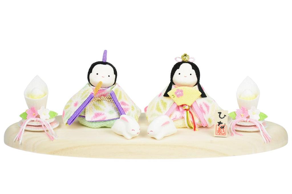 Ryukodo Hina Dolls with Original Rabbit Two Plump Hina Asanoha Compact Emperor and Empress Chirimen Fabric Hina Small Mini Hina Dolls Stand Display