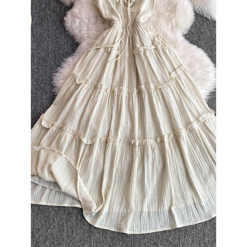 Bohemia Seaside Holiday Beach Skirt with Wooden Ear Patchwork A- line Dress Fancy Square Collar Lace up Dress