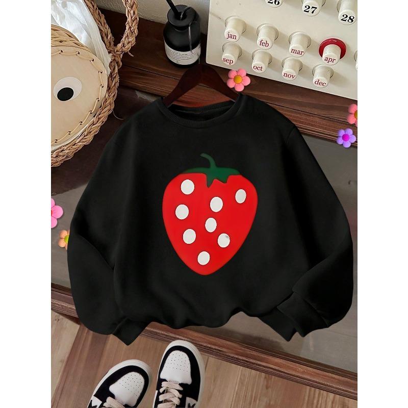 Kids Crewneck Sweatshirt, Cute Strawberry Print Long Sleeve Pullover, Autumn Winter Casual Tops 110