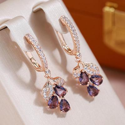 Full Zircon Purple Drop Pendant Earrings for Women Gold Color Ethnic Wedding Jewelry Matching Accessories