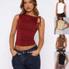 Women's Summer Sloping Collar Drawstring Tied Sleeveless Pleated Crop Top with Exposed Navel Vests & Waistcoats