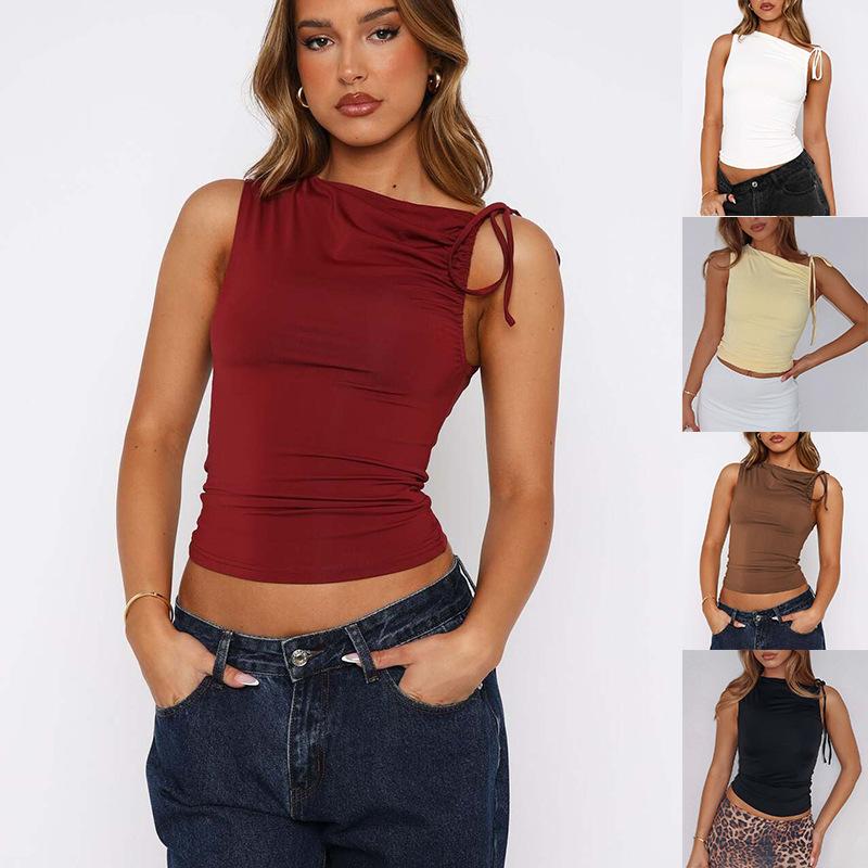 Women's Summer Sloping Collar Drawstring Tied Sleeveless Pleated Crop Top with Exposed Navel Vests & Waistcoats