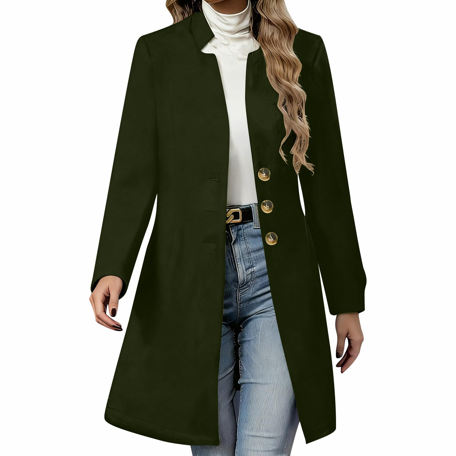 

Women s Fashion Long-Line Slim-Fit Coat Solid-Colour Long-Sleeved Outerwear L армія зелений колір