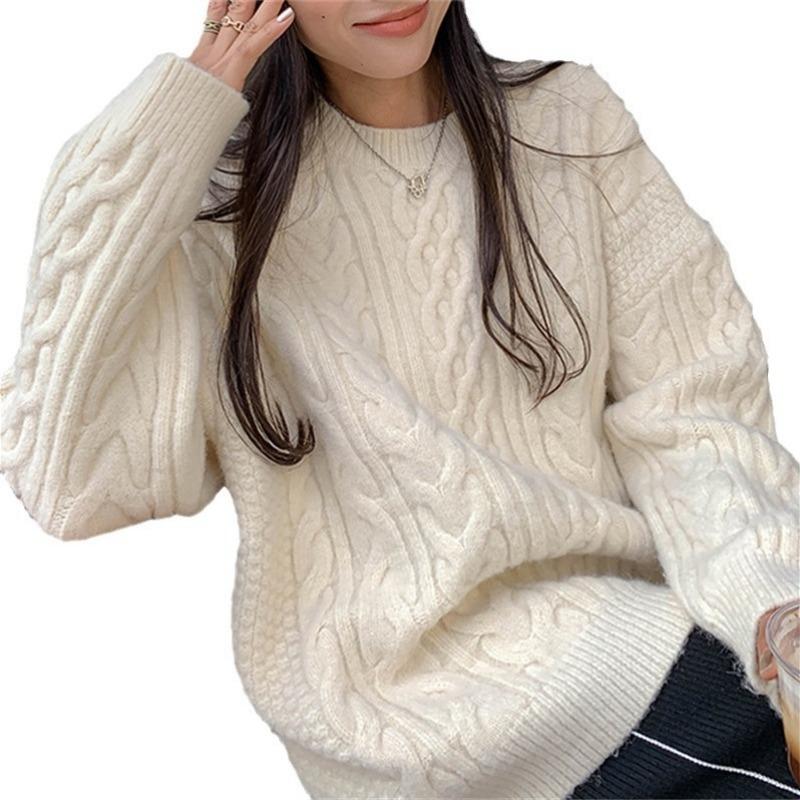 Autumn and winter new retro twist pullover sweater women's loose fashion simple versatile knitted top trendy